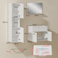 Conjunto de Muebles de Baño de Pared 4 Piezas Incluye Espejo Armario con Lavabo Cerámico y Columna de Baño Blanco - Ogal.Es