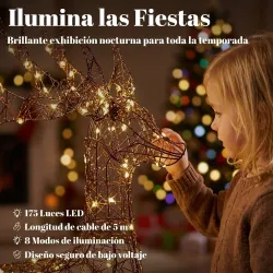 Reno y Trineo Luminosos de Ratán PP con 175 LED Blanco Cálido 8 Modos Temporizador Diario 120 cm para Jardín Ext... - Ogal.Es