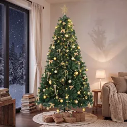 Árbol de Navidad Decorativo 230 cm con 296 LED 755 Ramas Ignífugas Estrella 42 Bolas 30 Lazos Decoración Dorado ... - Ogal.Es