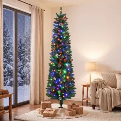 Árbol de Navidad Estrecho con 170 Luces LED Bicolor 180 cm 351 Ramas Ignífugas 11 Modos Piñas Bayas Rojas Mando ... - Ogal.Es