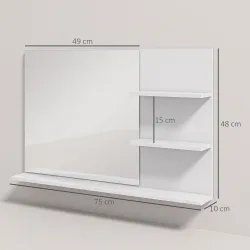 Espejo de Baño de Pared con 2 Estantes Laterales y Estante Inferior para Entrada Pasillo 75x10x48 cm Blanco - Ogal.Es