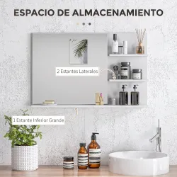 Espejo de Baño de Pared con 2 Estantes Laterales y Estante Inferior para Entrada Pasillo 75x10x48 cm Blanco - Ogal.Es