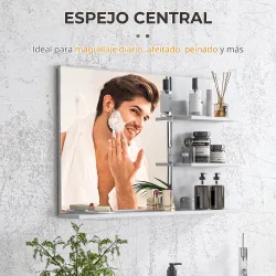 Espejo de Baño de Pared con 2 Estantes Laterales y Estante Inferior para Entrada Pasillo 75x10x48 cm Blanco - Ogal.Es