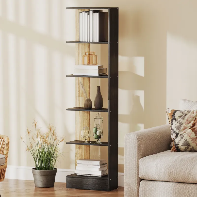 Estantería de 5 Niveles Librería Estrecha para Espacios Pequeños 45x21x170 cm Negro y Roble - Ogal.Es