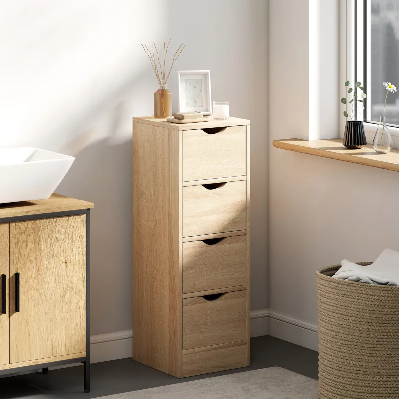 Armario de Baño Estrecho con 4 Cajones y Asas Ranuradas para Espacios Reducidos 29x29x83 cm Madera Natural - Ogal.Es