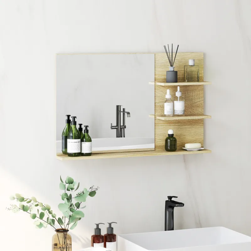Espejo de Baño de Pared con 2 Estantes Laterales y Estante Inferior para Entrada Pasillo 75x10x48 cm Madera Natural - Ogal.Es