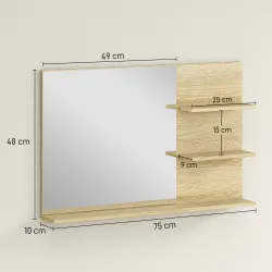 Espejo de Baño de Pared con 2 Estantes Laterales y Estante Inferior para Entrada Pasillo 75x10x48 cm Madera Natural - Ogal.Es