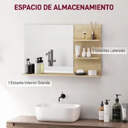 Espejo de Baño de Pared con 2 Estantes Laterales y Estante Inferior para Entrada Pasillo 75x10x48 cm Madera Natural - Ogal.Es
