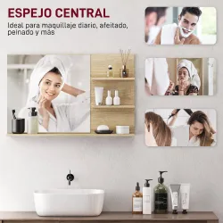 Espejo de Baño de Pared con 2 Estantes Laterales y Estante Inferior para Entrada Pasillo 75x10x48 cm Madera Natural - Ogal.Es