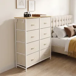 Cajonera de Tela Cómoda con 8 Cajones 4 Bolsillos Laterales 2 Ganchos y Estructura de Acero Beige - Ogal.Es