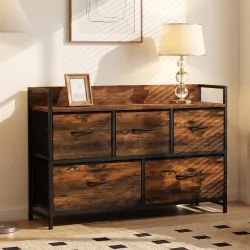Cajonera de Tela con 5 Cajones y Marco Metálico Estilo Industrial para Salón Recibidor 98x29x63 cm Marrón Rústico - Ogal.Es
