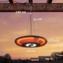 Calefactor por Infrarrojos Terraza Colgante 2000 W con Luz LED Control por Táctil/Mando 2 Niveles Calor y Tempor... - Ogal.Es