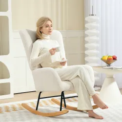 Silla Mecedora Tapizado de Terciopelo Teddy con Reposabrazos Acolchado Grueso Patas de Madera Crema - Ogal.Es