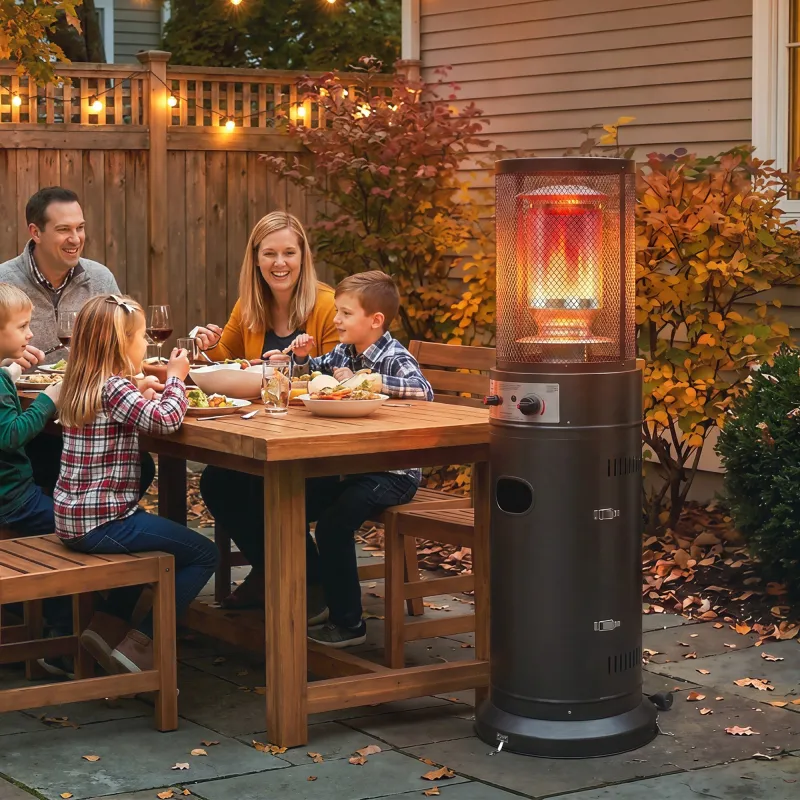 Estufa de Gas para Terraza 11 kW con Regulación Continua Rejilla Protectora Antivuelco y 2 Ruedas Negro - Ogal.Es
