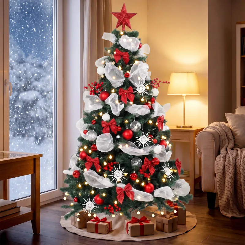 Árbol de Navidad Predecorado 180 cm con 200 LED 8 Modos 800 Ramas Mando y Base Plegable Funciona con USB Verde y... - Ogal.Es