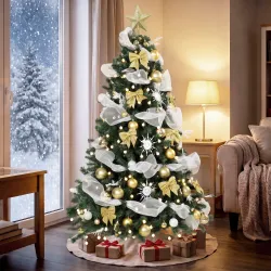 Árbol de Navidad 180 cm con 200 LED 800 Ramas 8 Modos Bolas Cintas y Lazos Mando a Distancia y Base Plegable Verde - Ogal.Es