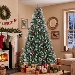 Árbol de Navidad Artificial Nevado 240 cm con 1773 Ramas Bayas Rojas Piñas Base de Acero Plegable Montaje Rápido... - Ogal.Es