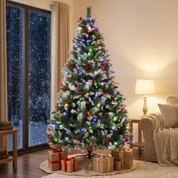 Árbol de Navidad Nevado 180 cm con 250 LED 11 Modos Mando a Distancia 840 Puntas 34 Piñas y 34 Bayas Verde - Ogal.Es
