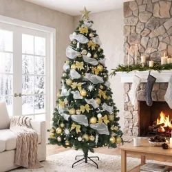 Árbol de Navidad 230 cm con 250 LED 1136 Ramas 8 Modos Bolas Cintas y Lazos Mando a Distancia y Base Plegable Verde - Ogal.Es