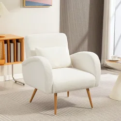 Sillón de Salón de Tela Teddy con Cojín Lumbar Desmontable Patas de Metal con Efecto Madera para Dormitorio Crema - Ogal.Es
