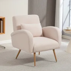 Sillón de Salón de Tela Teddy con Cojín Lumbar Desmontable Patas de Metal con Efecto Madera para Dormitorio Beige - Ogal.Es