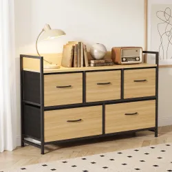 Cajonera de Tela con 5 Cajones y Marco Metálico Estilo Industrial para Salón Recibidor 98x29x63 cm Roble - Ogal.Es