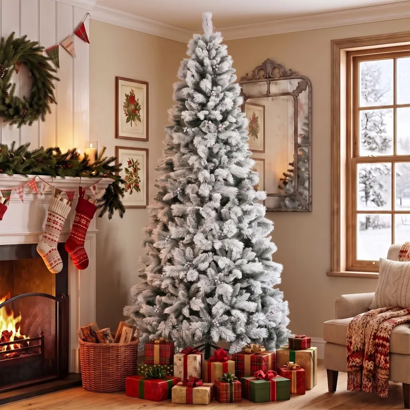 Árbol de Navidad Artificial 270 cm con 1507 Ramas Base Metálica Plegable Montaje Rápido para Salón Interior Blanco - Ogal.Es