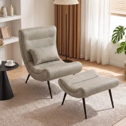 Sillón con Reposapiés Asiento Ancho Cojín Lumbar y Respaldo Curvo Tapizado en Leathaire Patas de Acero Blanco Crema - Ogal.Es