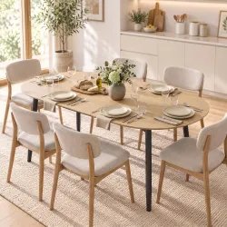 Mesa de Comedor Extensible Ovalada para 4-6 Personas con Patas de Hierro y Bordes Redondeados Estilo Rústico Roble - Ogal.Es