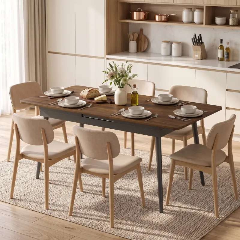 Mesa de Comedor Extensible para 4-6 Personas Estilo Industrial Esquinas Redondeadas 130-160x85x75 cm Nogal - Ogal.Es