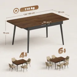 Mesa de Comedor Extensible para 4-6 Personas Estilo Industrial Esquinas Redondeadas 130-160x85x75 cm Nogal - Ogal.Es