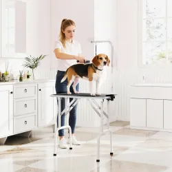 Mesa de Peluquería Canina Plegable con Encimera Antideslizante Brazo Ajustable 81x48,5x80 cm Negro - Ogal.Es