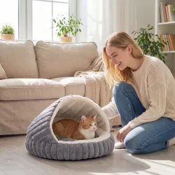 Cama para Gatos Cueva para Gatitos con Base Antideslizante y Cojín Lavable para Interior 50x50x32 cm Gris - Ogal.Es