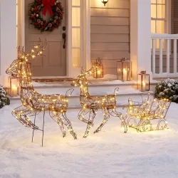 Set Navideño de Reno y Trineo con Luces de 3 Piezas de Ratán 240 Luces LED Blanco Cálido 8 Modos y Temporizador - Ogal.Es