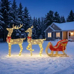 Reno de Navidad Exterior con Trineo 3D de 3 Piezas con 200 Luces LED Blanco Cálido 8 Modos y Temporizador - Ogal.Es