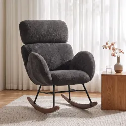 Silla Mecedora de Terciopelo con Reposacabezas Ajustable Acolchado Grueso Patas de Madera Reposabrazos Gris Oscuro - Ogal.Es