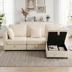 Sofá Chaise Longue de 3 Plazas con Almacenaje y Otomana Reversible de Pana 235x153x85 cm Blanco Crema - Ogal.Es