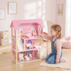 Casa de Muñecas de Madera 3 Pisos con Balcón Escaleras y 10 Muebles Juguete de Imitación para Niños de 3 a 6 Año... - Ogal.Es