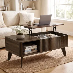 Mesa de Centro Elevable con Compartimento Oculto Estantes Abiertos Frontal Ondulado 100x48x41-56 cm Nogal - Ogal.Es
