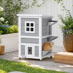 Caseta para Gatos de Madera Exterior de 2 Niveles con Techo Abatible Plataformas de Salto Puertas 51x51x81,3 cm ... - Ogal.Es
