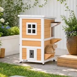 Caseta para Gatos de Madera Exterior de 2 Niveles con Techo Abatible Panel Central Extraíble 51x51x81,3 cm Natural - Ogal.Es