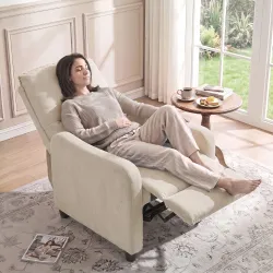 Sillón Relax Reclinable Manual hasta 155° de Tejido Efecto Lino Reposapiés Muelles Ensacados Acolchado Grueso Crema - Ogal.Es