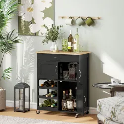 Carrito de Cocina con Ruedas 2 Armarios de Almacenaje Cajón y 3 Estantes Abiertos de 9 Botellas 67x37x87 cm Negro - Ogal.Es