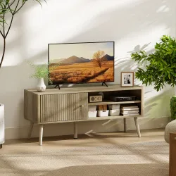 Mesa de TV con Puerta Estante Ajustable Compartimentos Abiertos y Orificio para Televisión hasta 55 Pulgadas Roble - Ogal.Es