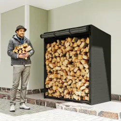 Leñero Exterior Metálico de Chimenea Soporte para Leña con Cubierta Impermeable Carga 300 kg 140x70x154 cm Negro - Ogal.Es