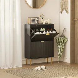 Zapatero Estrecho con 2 Puertas Acanaladas con Estantes Ajustables para 12 Pares de Zapatos 60x24x91,5 cm Negro - Ogal.Es