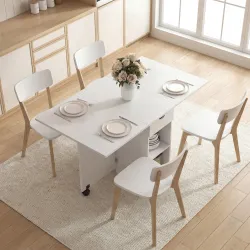 Mesa de Cocina Plegable con Ruedas Alas Abatibles Cajón y Estantes para 2-4 Personas 120x72x75 cm Blanco - Ogal.Es