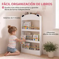 Librería Infantil de Pared de 4 Niveles Estantería para Libros Diseño de Osito para Dormitorio de 3 a 8 Años Blanco - Ogal.Es