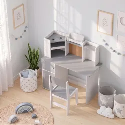 Escritorio Infantil con Silla Soporte Ajustable para Tablet Portalápices Tablero de Corcho Estantes Armarios Gris - Ogal.Es
