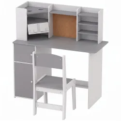 Escritorio Infantil con Silla Soporte Ajustable para Tablet Portalápices Tablero de Corcho Estantes Armarios Gris - Ogal.Es